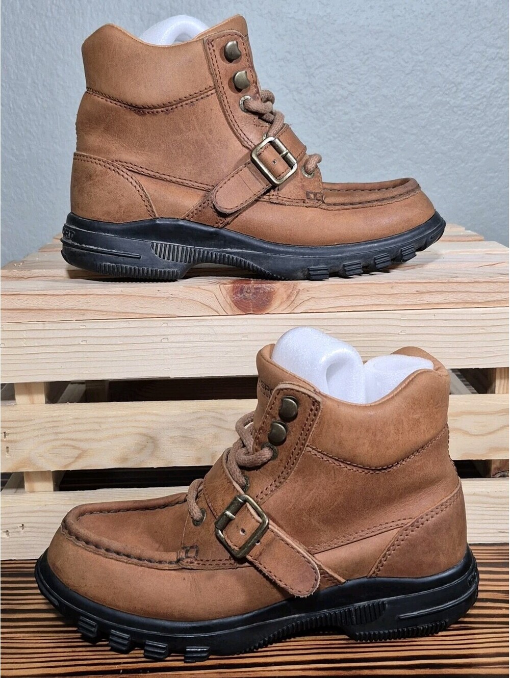 Polo Sport Ralph Lauren Brown Leather Buckle Lace Up Ankle Boots Women's 7B